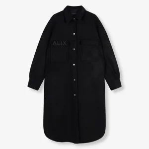 Ladies Woven Long Vbelted Wool Jacket - Zwart