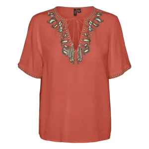 Vmsvella S/s V-neck Top Wvn Exp Ga - Brique