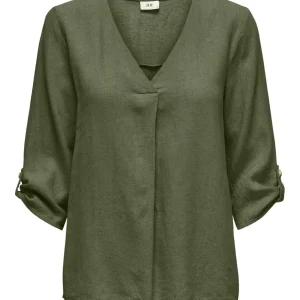 Jdysay 3/4 Linen V-neck Top Wvn Dia - Army