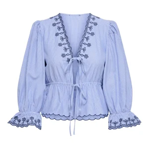 Jdy Savannah Ls Emb Tie Top - Blauw Dessin