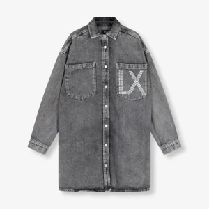 Ladies Woven Vintage Denim Pearl Dress - Grey Denim