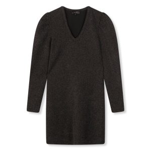 Mira Ladeis Knitted Lurex Rib Puff Shoulder Dress - Zwart Dessin