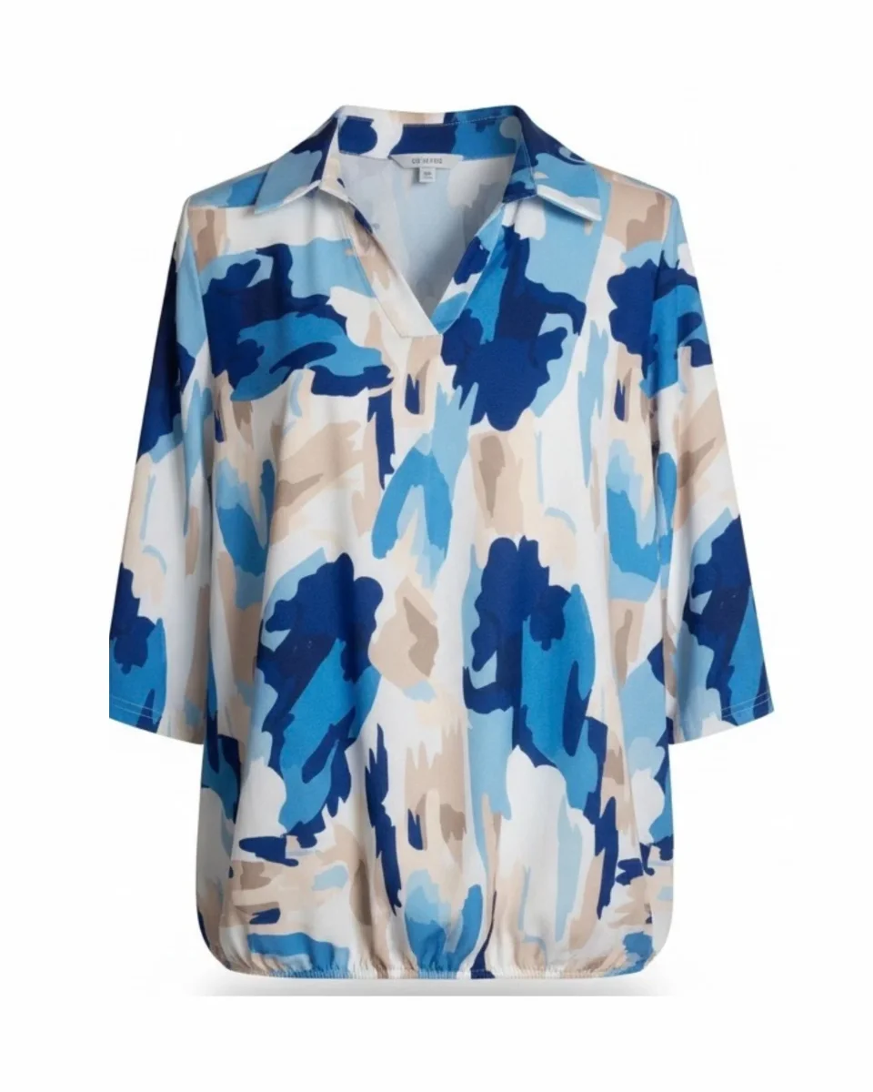 Blouson Polo-Shirt Met V-Hals En Driekwart Mouwen Kobalt Blauw Beige - Afbeelding 3