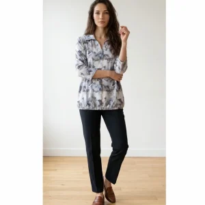 Blouson Polo-Shirt Met V-Hals En Driekwart Mouwen Lichtblauw Taupe