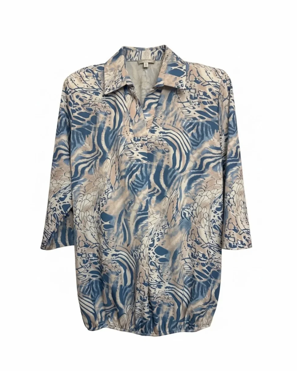 Blouson Polo-Shirt Met V-Hals En Driekwart Mouwen Raffblauw Beige