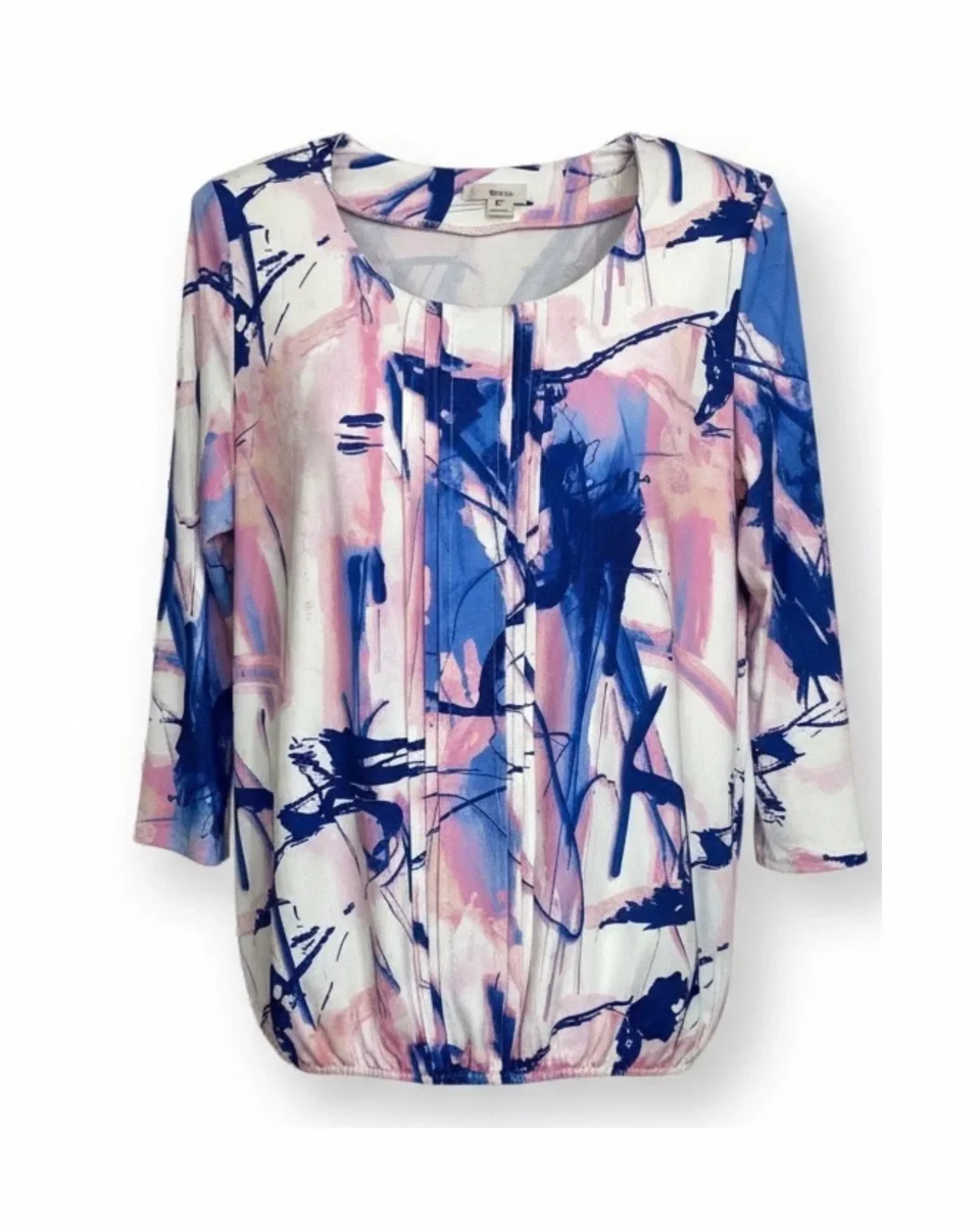 Blouson Shirt Met Geplooide Baan En Driekwart Mouwen Kobalt Blauw Roze - Afbeelding 3