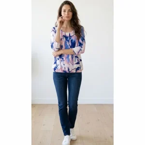 Blouson Shirt Met Geplooide Baan En Driekwart Mouwen Kobalt Blauw Roze
