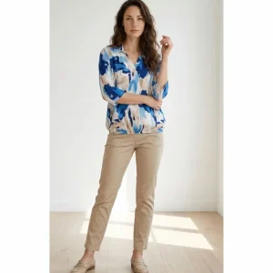 Blouson Polo-Shirt Met V-Hals En Driekwart Mouwen Kobalt Blauw Beige