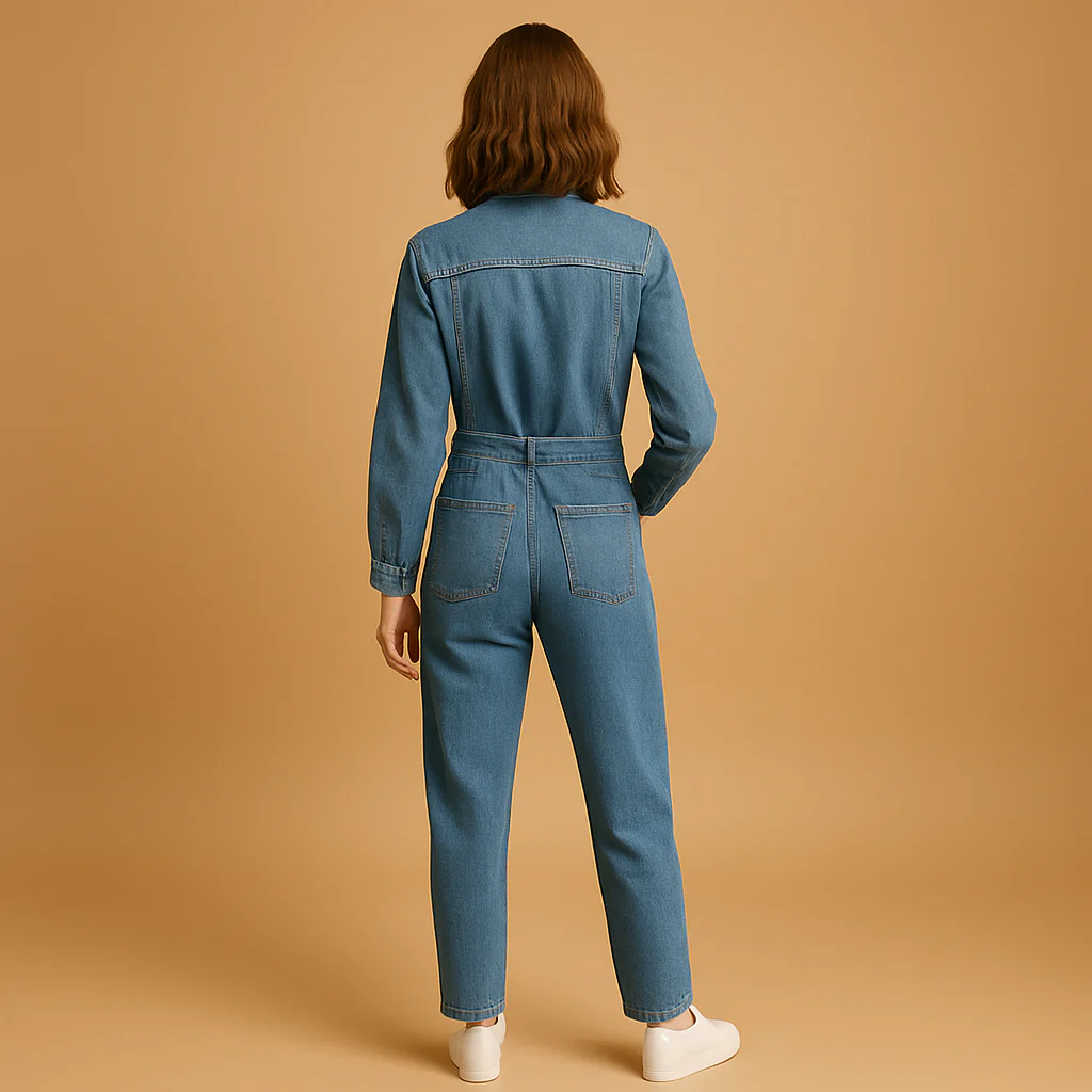 Blauwe denim jumpsuit dames met rechte pijpen en lange mouwen | Lara - Afbeelding 4