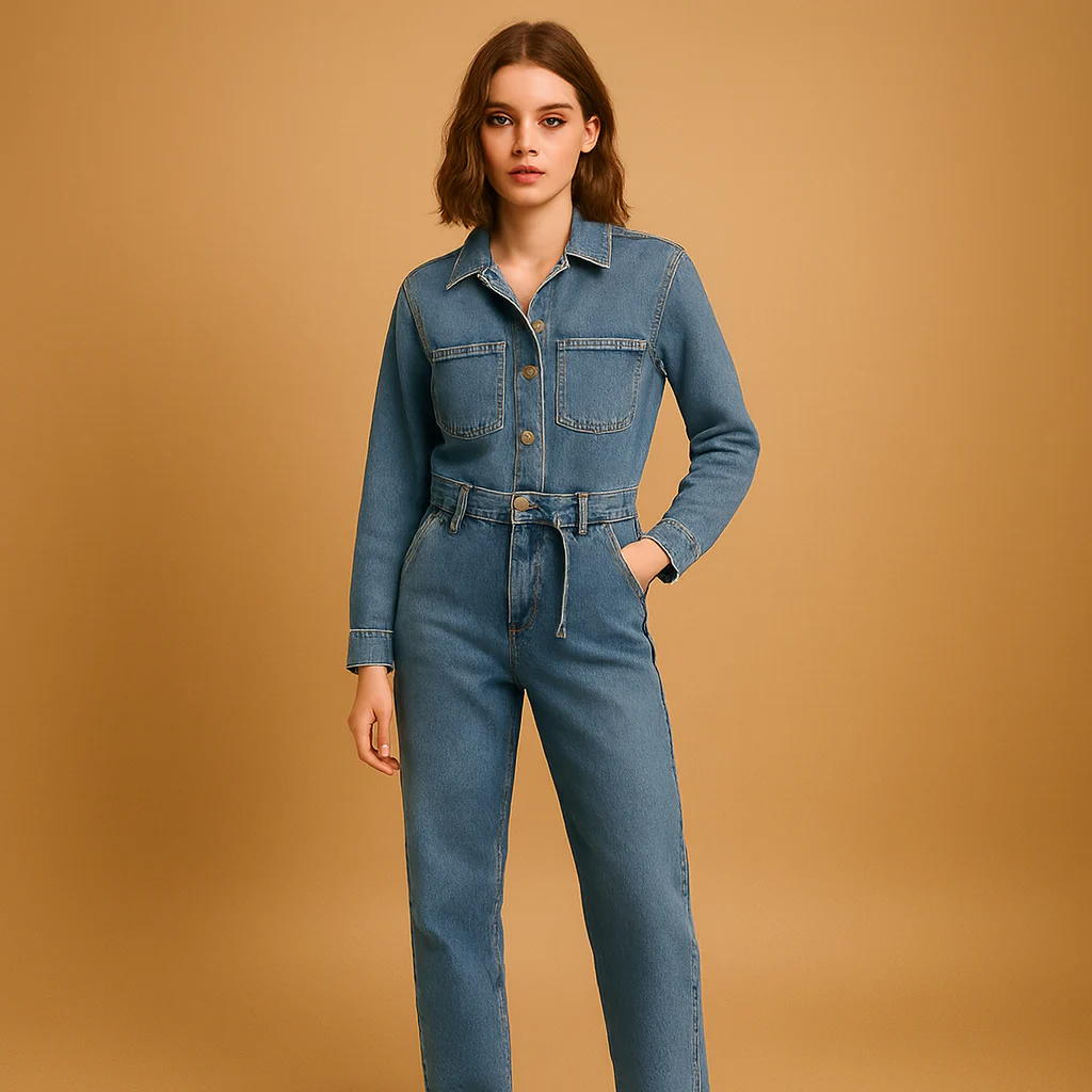 Blauwe denim jumpsuit dames met rechte pijpen en lange mouwen | Lara - Afbeelding 2