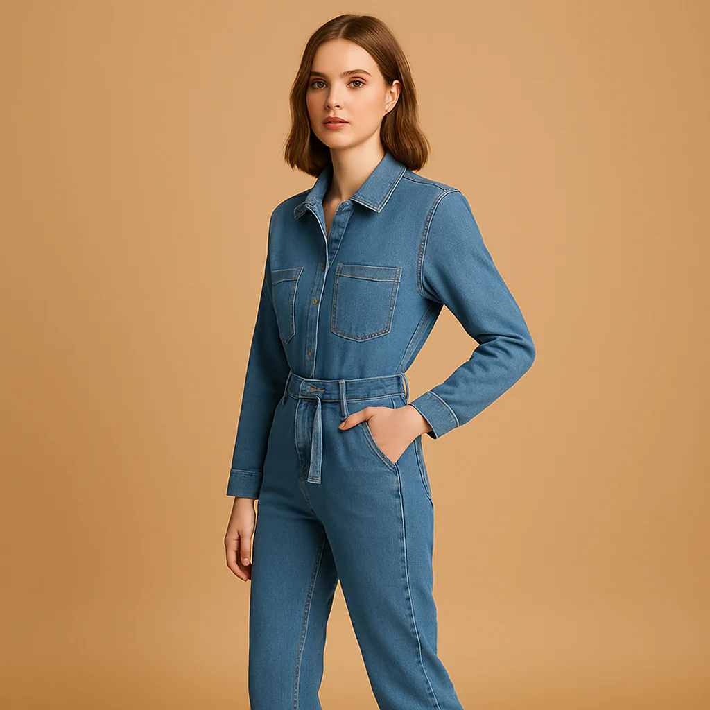 Blauwe denim jumpsuit dames met rechte pijpen en lange mouwen | Lara - Afbeelding 3