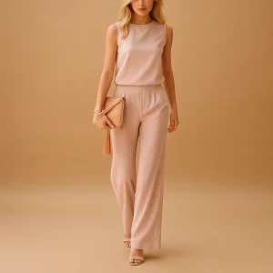 Elegante jumpsuit dames met ronde hals en wijde pijpen | Anna