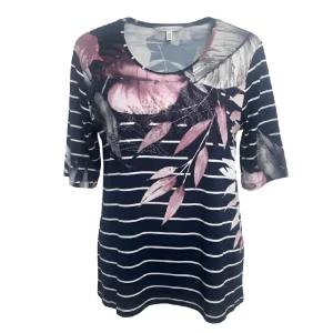 Gabriella K. Ronde Hals T-Shirt OudRoze Bloemen en Donkerblauw