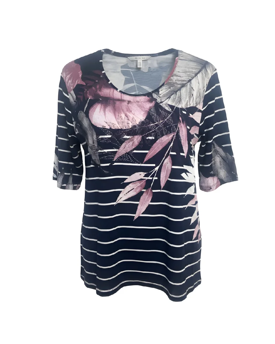 Gabriella K. Ronde Hals T-Shirt OudRoze Bloemen en Donkerblauw