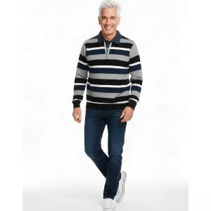 Herentrui Met Denim Polokraag Streep Antraciet Kobaltblauw
