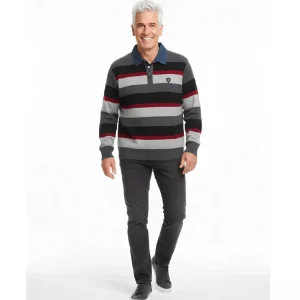 Herentrui Met Denim Polokraag Streep Antraciet Rood