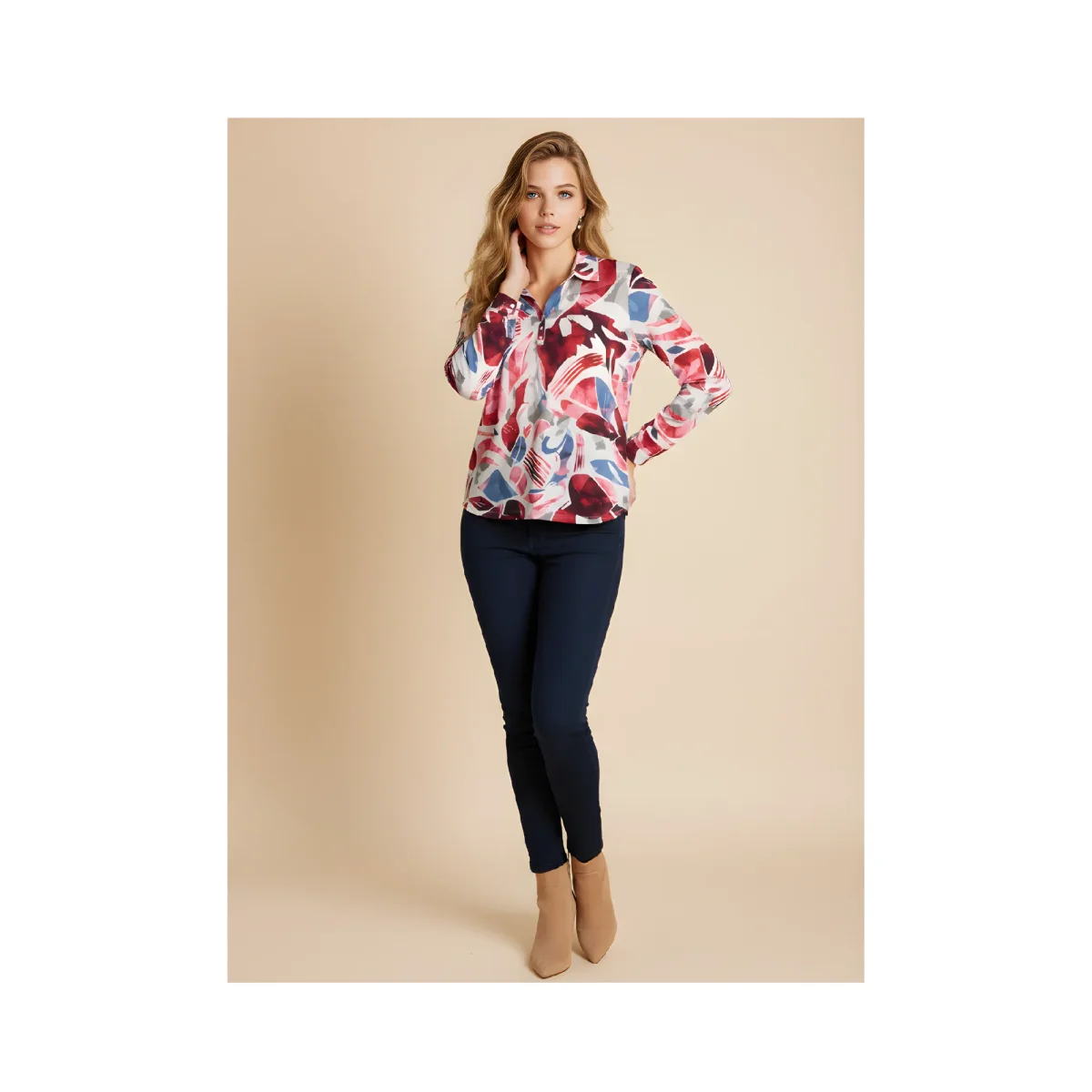 Marinello Polo Shirt Met 3/4 Mouw Rood Blauw