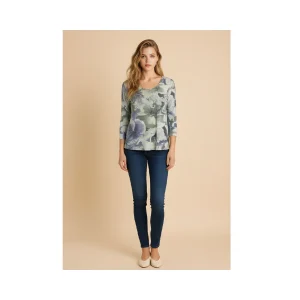 Marinello T-shirt Met Ronde Hals En Driekwart Mouwen Groen Kobaltblauw