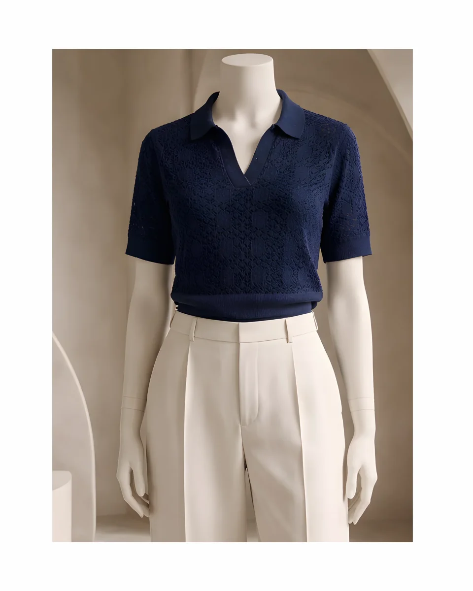 Marinello Gehaakt Poloshirt V Donkerblauw