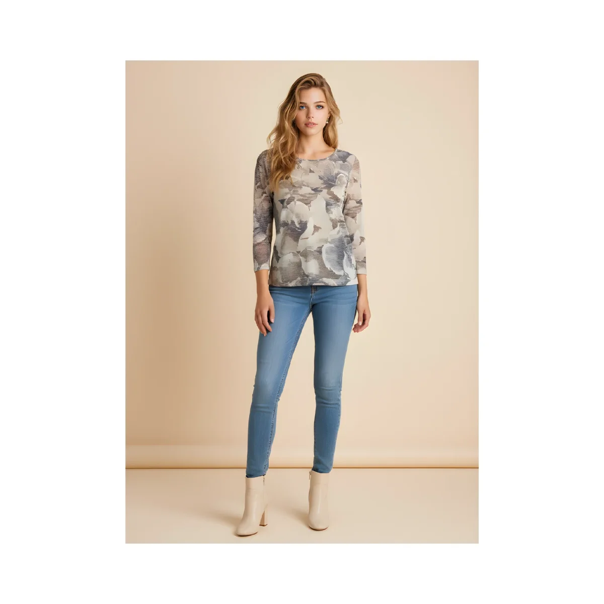 Marinello t-shirt met ronde hals en driekwart mouwen Taupe