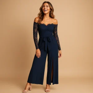 Off-shoulder kanten jumpsuit met split voor dames | Marlies