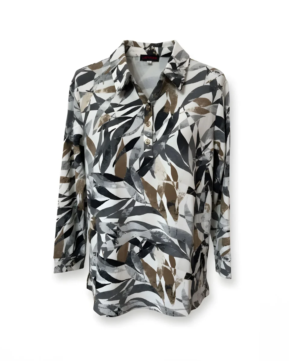 Polo Shirt Met Bladeren Dessin Grijs Taupe - Afbeelding 2