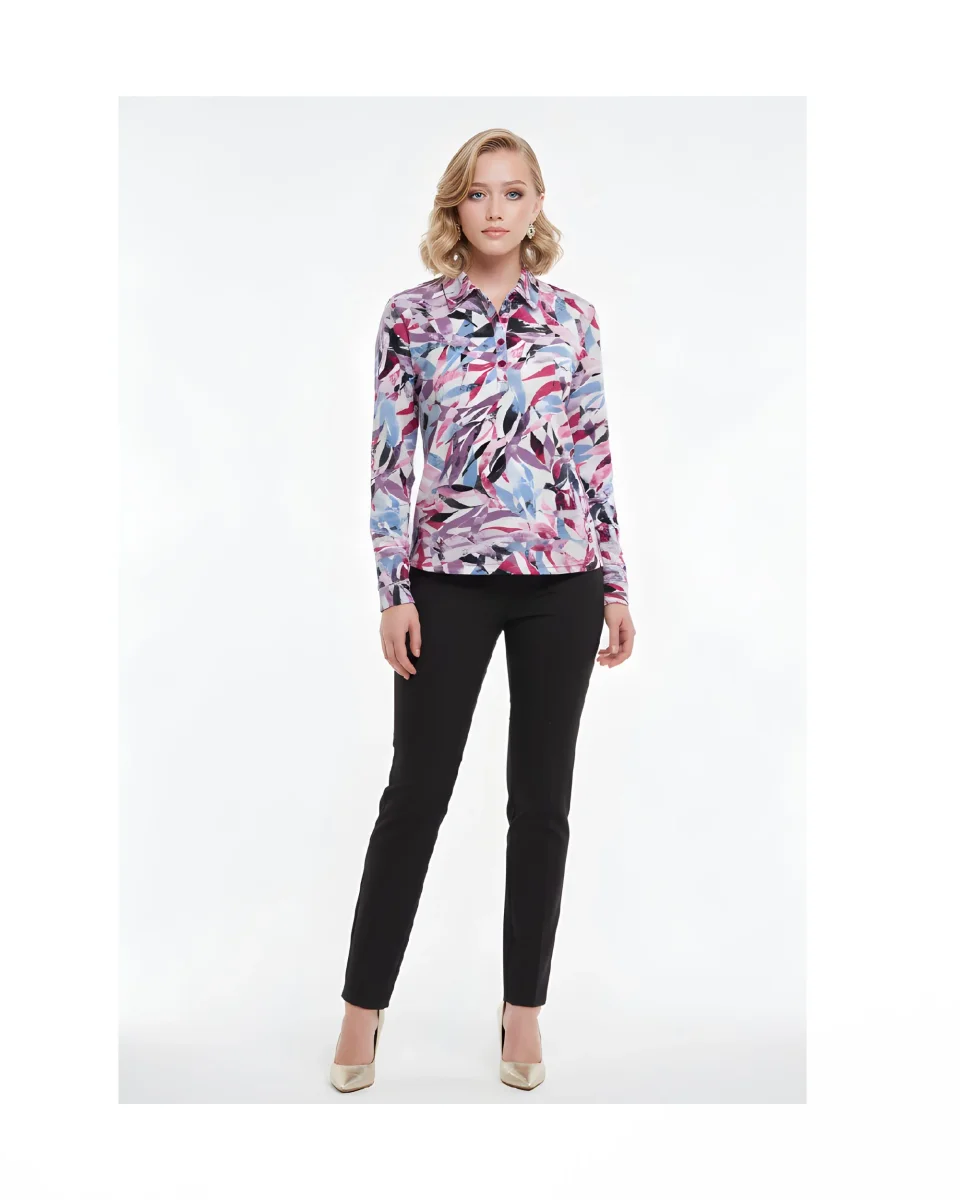 Polo Shirt Met Bladeren Dessin Roze Blauw - Afbeelding 2