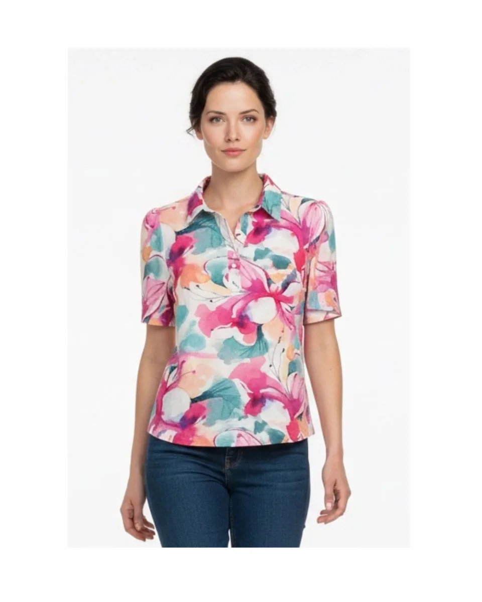 Sensia Poloshirt Bloem Fuchsia Groen - Afbeelding 2