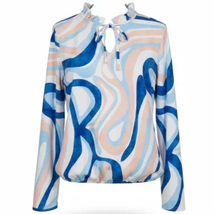 T-Shirt Met Gesmokte Hals En 3/4 Blauw Beige Kobalt