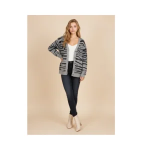 vest met V-hals en knopen – dierenprint Grijs Zwart