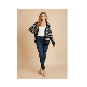 vest met V-hals en knopen – dierenprint Zwart Wit