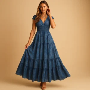 Bloemenprint maxi-jurk met rucheskraag voor dames | Fenna