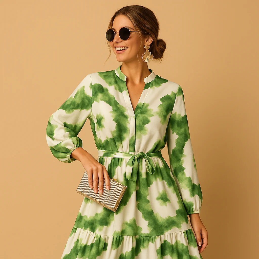 Maxi-jurk met V-hals en lange mouwen voor dames | Nadine