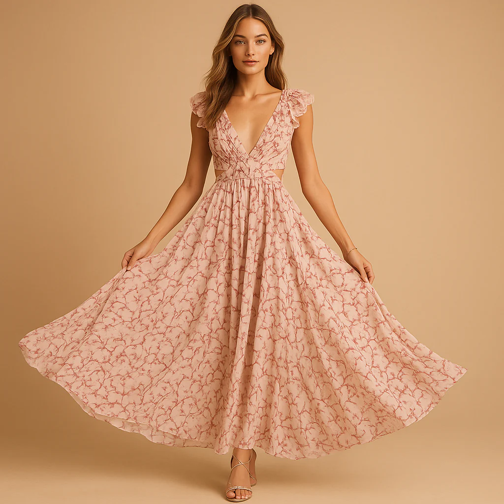 Gebloemde maxi-jurk met ruches en diepe V-hals voor dames | Jasmijn - Afbeelding 2