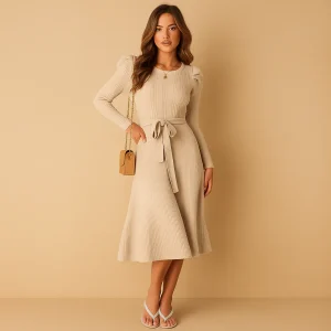 Gebreide herfstjurk met riem voor dames | Lianne