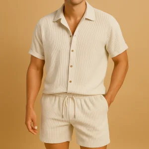 Gestreept zomersetje met overhemd en short voor heren | Ruben
