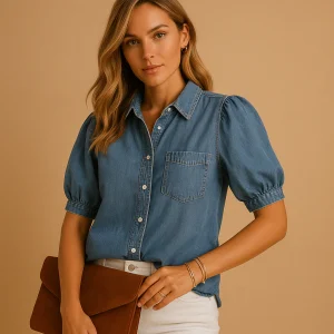 Klassieke denim blouse met knoopsluiting voor dames | Hannah
