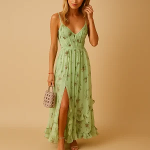 Luchtige maxi strandjurk met bloemenprint en split voor dames | Elvira
