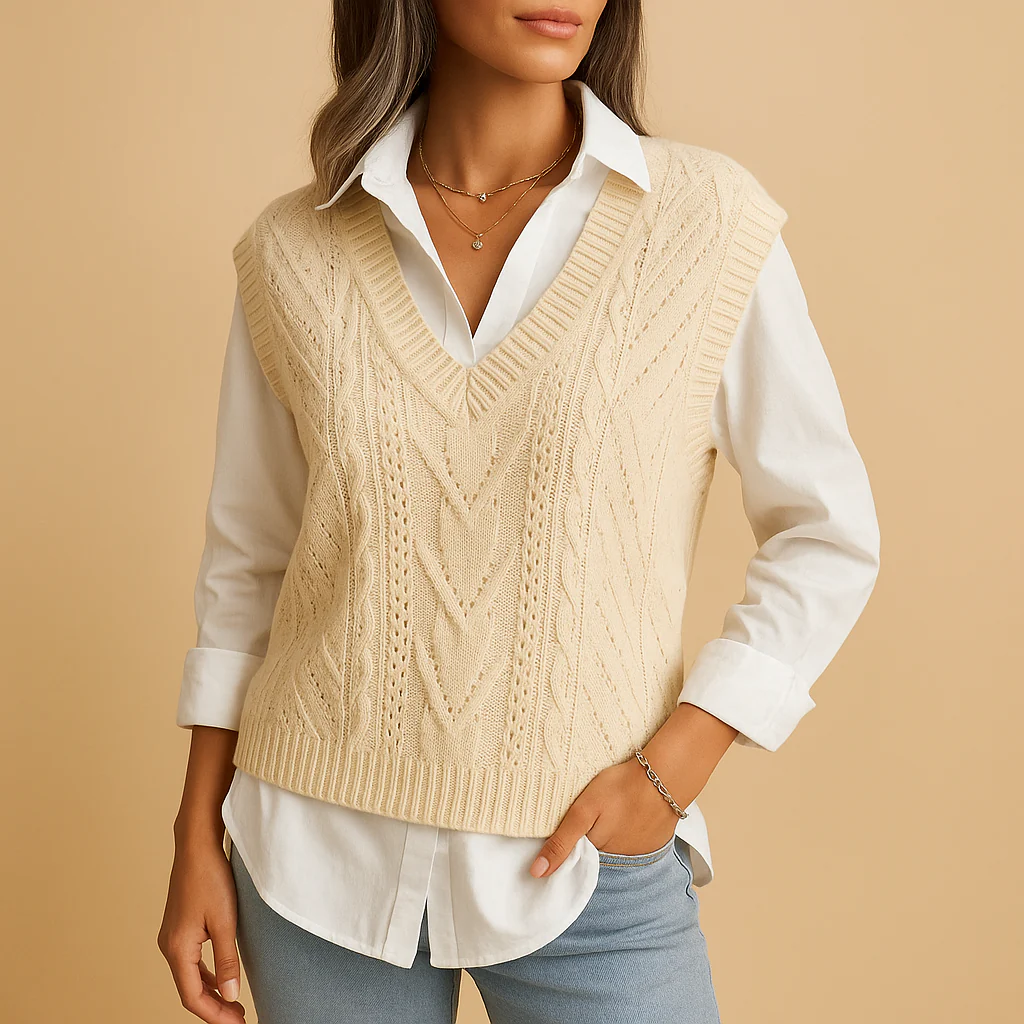 Mouwloos kabelgebreid V-hals vest voor dames | Marit - Afbeelding 3