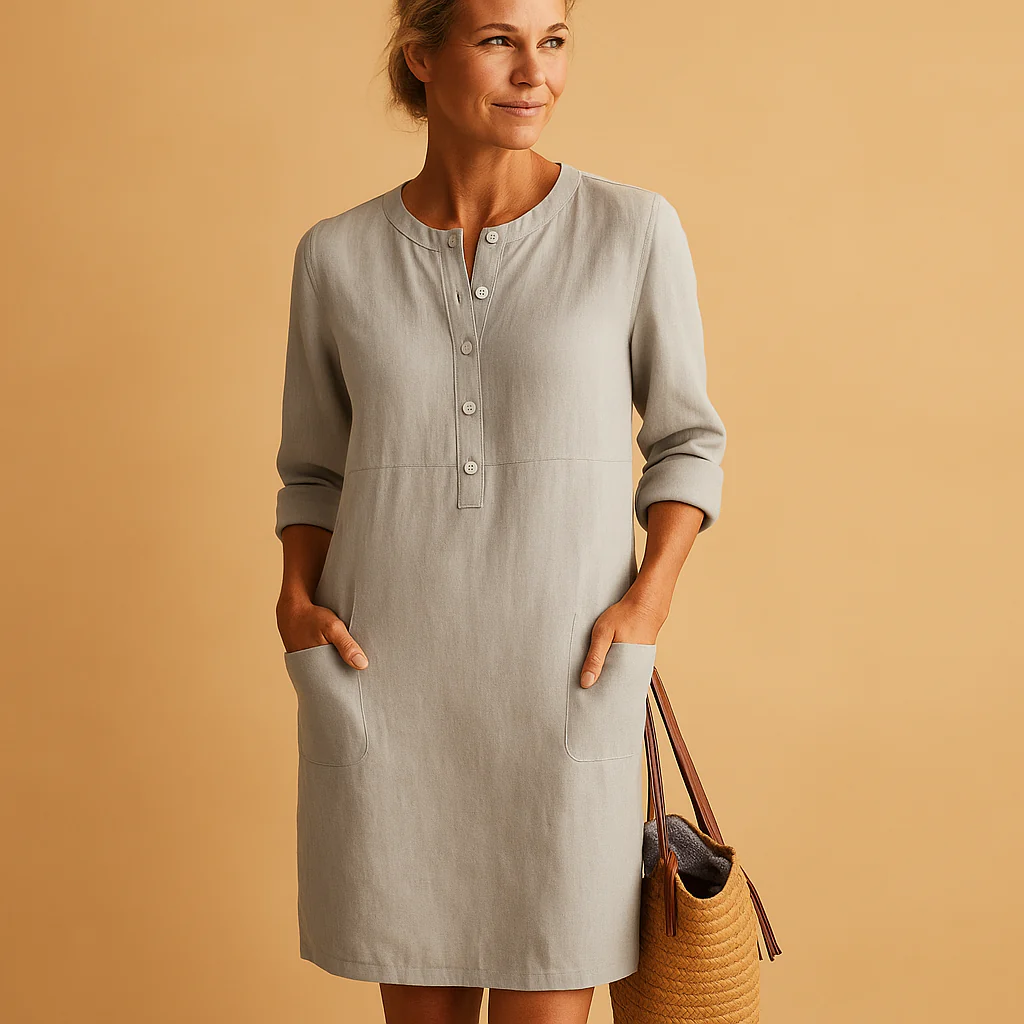 Lange jurk met knopen en zakken voor dames | Yara - Afbeelding 4